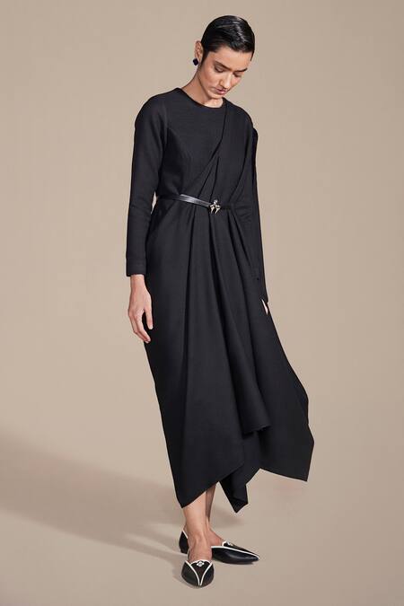 Ampm Black Wool Embroidery Cord Pre-draped Saree Online at Aza Fashions Ampm_Black Wool Embroidery Cord Pre-draped Saree _Online_at_Aza_Fashions