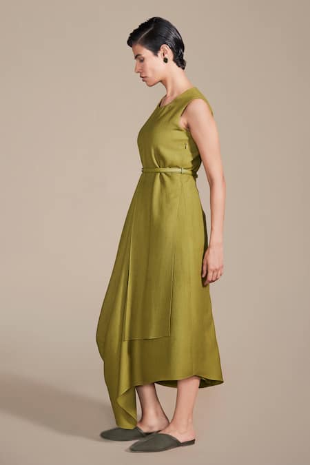 Ampm_Green Wool Round Neck Solid Asymmetric Dress With Belt_Online_at_Aza_Fashions
