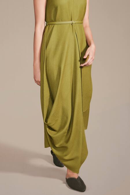 Buy_Ampm_Green Wool Round Neck Solid Asymmetric Dress With Belt_Online_at_Aza_Fashions