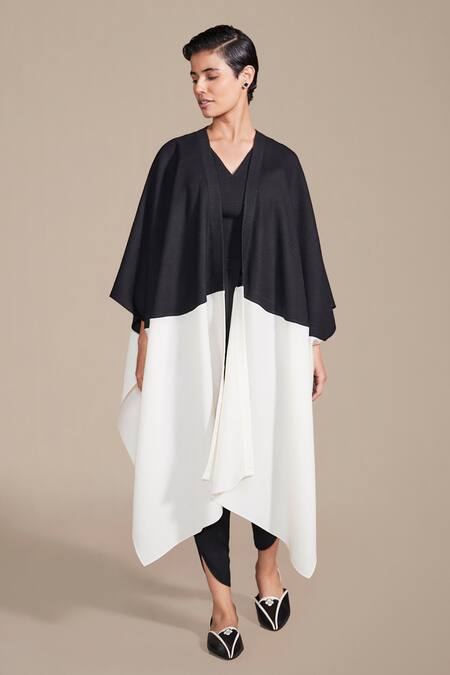 Ampm_Black Wool Texture Embroidered Cape Dhoti Pant Set _Online_at_Aza_Fashions