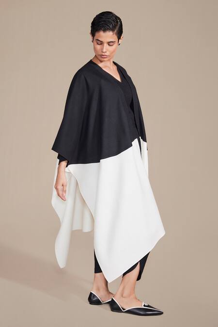 Shop_Ampm_Black Wool Texture Embroidered Cape Dhoti Pant Set _Online_at_Aza_Fashions