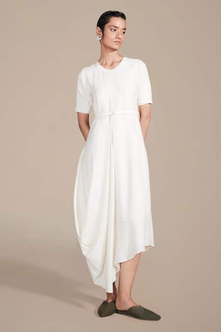 AMPM Ivory Thick Wool Embroidered Rib Textured Round Dress With Belt 