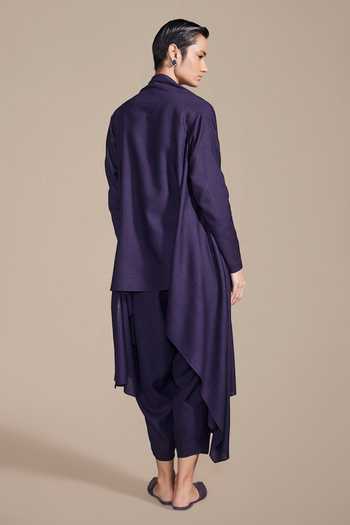 Shop Ampm Purple Wool Rib Texture Embroidered Cape Pant Set at Aza Fashions Shop_Ampm_Purple Wool Rib Texture Embroidered Cape Pant Set_at_Aza_Fashions