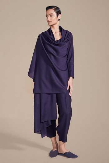 Ampm Purple Wool Rib Texture Embroidered Cape Pant Set Online at Aza Fashions Ampm_Purple Wool Rib Texture Embroidered Cape Pant Set_Online_at_Aza_Fashions