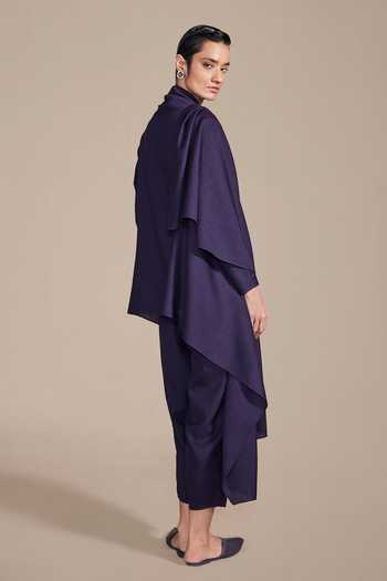Shop Ampm Purple Wool Rib Texture Embroidered Cape Pant Set Online at Aza Fashions Shop_Ampm_Purple Wool Rib Texture Embroidered Cape Pant Set_Online_at_Aza_Fashions