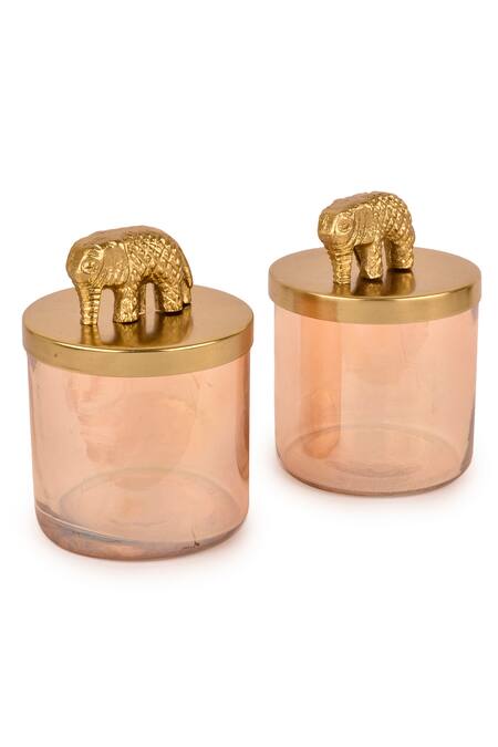 Shop Manor House Gold Glass, Iron Jars With Elephant Lid And Long Seenk Tray Set Of 3 at Aza Fashions Shop_Manor House_Gold Glass, Iron Jars With Elephant Lid And Long Seenk Tray Set Of 3_at_Aza_Fashions