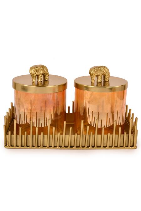 Manor House_Gold Glass, Iron Jars With Elephant Lid And Long Seenk Tray Set Of 3_Online_at_Aza_Fashions