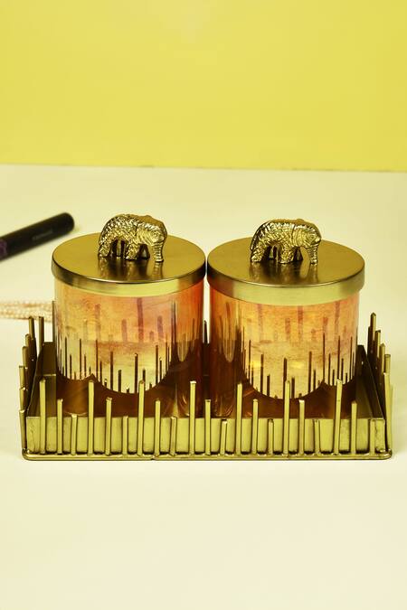 Buy Manor House Gold Glass, Iron Jars With Elephant Lid And Long Seenk Tray Set Of 3 Online at Aza Fashions Buy_Manor House_Gold Glass, Iron Jars With Elephant Lid And Long Seenk Tray Set Of 3_Online_at_Aza_Fashions