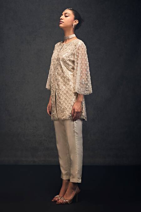 Studio22 By Pulkita Arora Bajaj Ivory Net, Cotton Beads, Sequins, Pearls Angelical Jaal Kurta With Pant For Kids Online at Aza Fashions Studio22 By Pulkita Arora Bajaj_Ivory Net, Cotton Beads, Sequins, Pearls Angelical Jaal Kurta With Pant For Kids_Online_at_Aza_Fashions