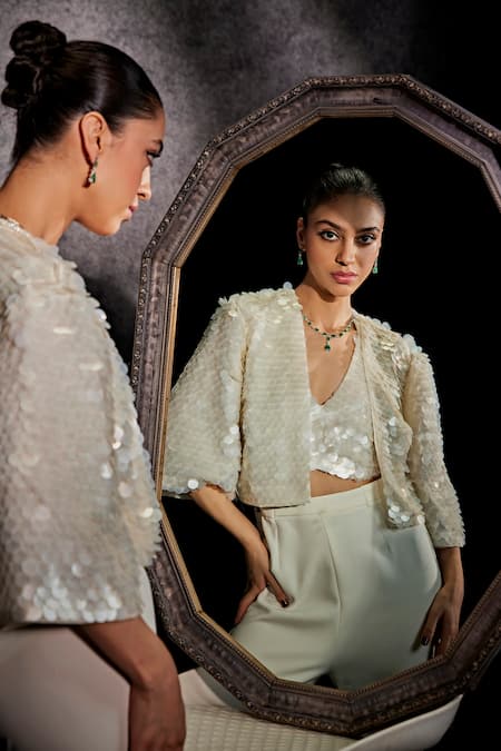 Shop Studio22 By Pulkita Arora Bajaj White Organza, Brocade Sequins Paradise Embellished Jacket Pant Set For Kids Online at Aza Fashions Shop_Studio22 By Pulkita Arora Bajaj_White Organza, Brocade Sequins Paradise Embellished Jacket Pant Set For Kids_Online_at_Aza_Fashions