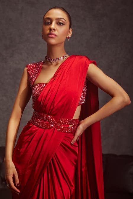 Studio22 By Pulkita Arora Bajaj Red Satin Sequins, Cut Work, Phoenix Pre-draped Saree Encrusted Blouse Set For Kids Online at Aza Fashions Studio22 By Pulkita Arora Bajaj_Red Satin Sequins, Cut Work, Phoenix Pre-draped Saree Encrusted Blouse Set For Kids_Online_at_Aza_Fashions