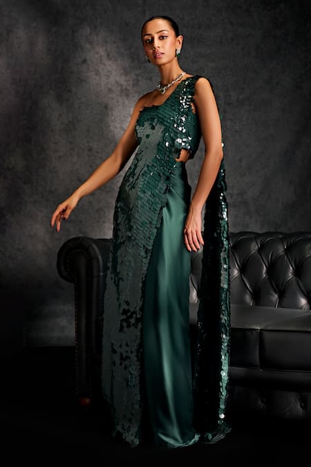Studio22 By Pulkita Arora Bajaj Green Satin Sequins Splendour Embellished Pre-draped Saree With Blouse Online at Aza Fashions Studio22 By Pulkita Arora Bajaj_Green Satin Sequins Splendour Embellished Pre-draped Saree With Blouse _Online_at_Aza_Fashions