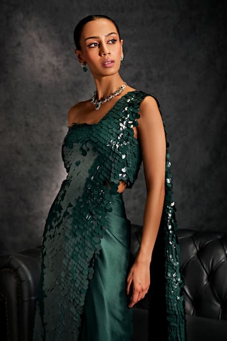 Shop Studio22 By Pulkita Arora Bajaj Green Satin Sequins Splendour Embellished Pre-draped Saree With Blouse Online at Aza Fashions Shop_Studio22 By Pulkita Arora Bajaj_Green Satin Sequins Splendour Embellished Pre-draped Saree With Blouse _Online_at_Aza_Fashions