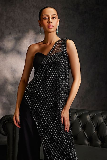 Studio22 By Pulkita Arora Bajaj Black Net, Crepe Starstruck Off Shoulder Jumpsuit With Embellished Cape For Kids Online at Aza Fashions Studio22 By Pulkita Arora Bajaj_Black Net, Crepe Starstruck Off Shoulder Jumpsuit With Embellished Cape For Kids_Online_at_Aza_Fashions