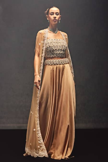 Studio22 By Pulkita Arora Bajaj Beige Net, Satin Embroidery, Supermoon Moti Scallop Embellished Cape Gharara Set Online at Aza Fashions Studio22 By Pulkita Arora Bajaj_Beige Net, Satin Embroidery, Supermoon Moti Scallop Embellished Cape Gharara Set _Online_at_Aza_Fashions