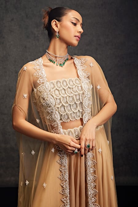 Shop Studio22 By Pulkita Arora Bajaj Beige Net, Satin Embroidery, Supermoon Moti Scallop Embellished Cape Gharara Set Online at Aza Fashions Shop_Studio22 By Pulkita Arora Bajaj_Beige Net, Satin Embroidery, Supermoon Moti Scallop Embellished Cape Gharara Set _Online_at_Aza_Fashions