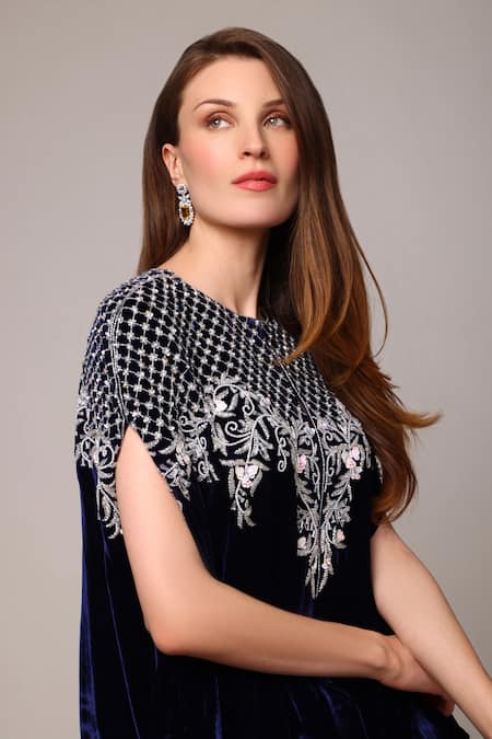 Studio22 By Pulkita Arora Bajaj Blue Velvet Sequins, Beads Belle In Embellished Jacket Pant Set For Kids Online at Aza Fashions Studio22 By Pulkita Arora Bajaj_Blue Velvet Sequins, Beads Belle In Embellished Jacket Pant Set For Kids_Online_at_Aza_Fashions