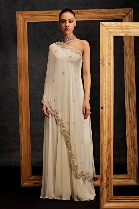 Studio22 By Pulkita Arora Bajaj Off White Georgette Pearls Blissful Cluster Embroidered One Shoulder Jumpsuit For Kids Online at Aza Fashions Studio22 By Pulkita Arora Bajaj_Off White Georgette Pearls Blissful Cluster Embroidered One Shoulder Jumpsuit For Kids_Online_at_Aza_Fashions