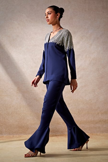 Studio22 by Pulkita Arora Bajaj Blue Banana Crepe Moon Glass Bead Embellished Top With Bell Bottom Pant 