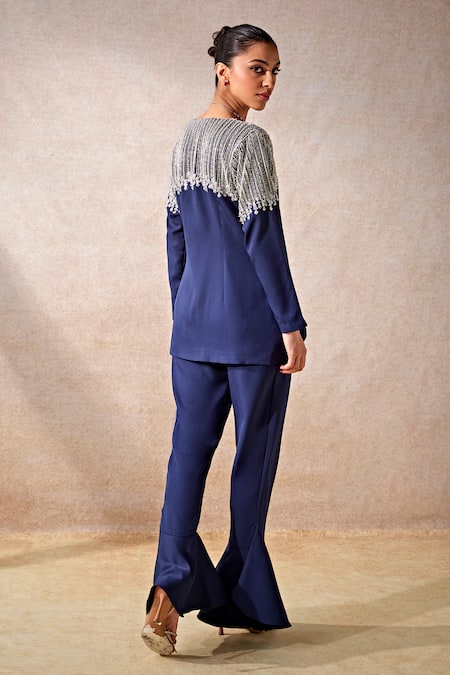 Studio22 By Pulkita Arora Bajaj Blue Moon Glass Bead Embellished Top With Bell Bottom Pant For Kids