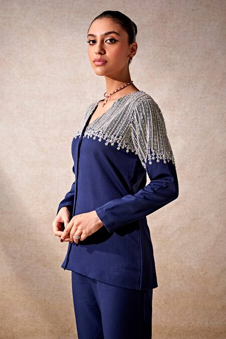 Studio22 By Pulkita Arora Bajaj Blue Crepe Pearls, Sequins, Moon Glass Embellished Top With Bell Bottom Pant For Kids Online at Aza Fashions Studio22 By Pulkita Arora Bajaj_Blue Crepe Pearls, Sequins, Moon Glass Embellished Top With Bell Bottom Pant For Kids_Online_at_Aza_Fashions