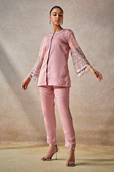 Studio22 By Pulkita Arora Bajaj Blushing Rose Glass Bead Embellished Sleeves Kurta With Pant 