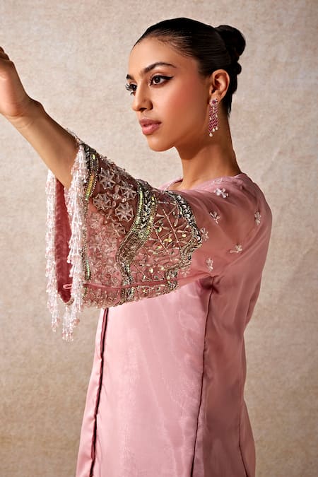 Studio22 By Pulkita Arora Bajaj_Pink Organza Blushing Rose Glass Bead Embellished Sleeves Kurta With Pant _Online_at_Aza_Fashions