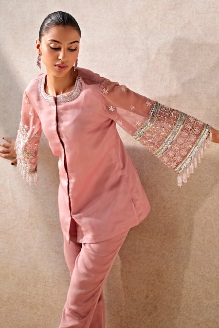 Buy_Studio22 By Pulkita Arora Bajaj_Pink Organza Blushing Rose Glass Bead Embellished Sleeves Kurta With Pant _Online_at_Aza_Fashions