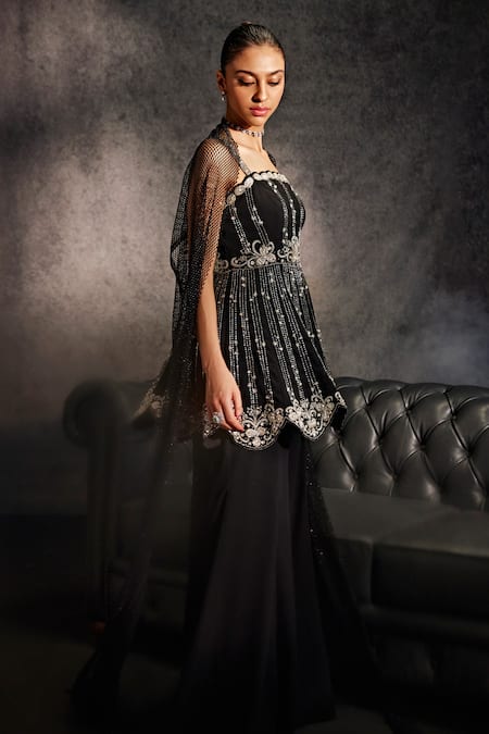 Studio22 By Pulkita Arora Bajaj_Black Crepe, Net Sequins, Constellation Embellished Peplum Kurta Sharara Set _Online_at_Aza_Fashions