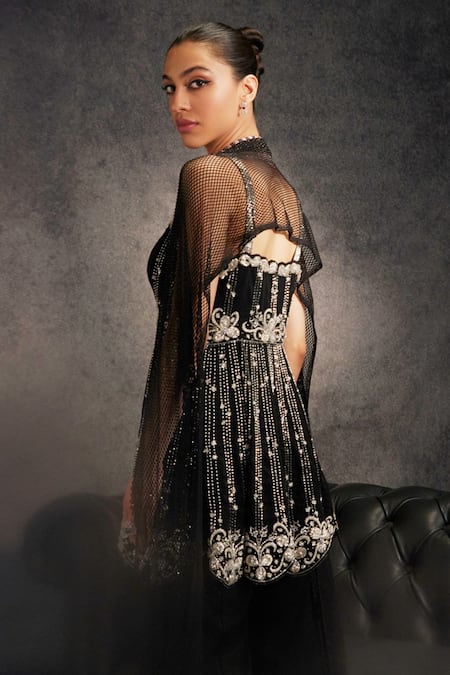 Buy_Studio22 By Pulkita Arora Bajaj_Black Crepe, Net Sequins, Constellation Embellished Peplum Kurta Sharara Set _Online_at_Aza_Fashions