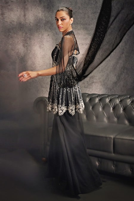 Shop_Studio22 By Pulkita Arora Bajaj_Black Crepe, Net Sequins, Constellation Embellished Peplum Kurta Sharara Set _Online_at_Aza_Fashions
