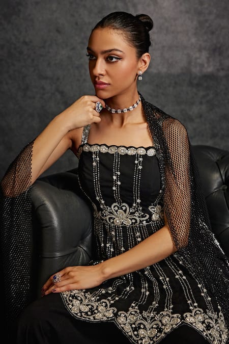 Studio22 By Pulkita Arora Bajaj_Black Crepe, Net Sequins, Constellation Embellished Peplum Kurta Sharara Set _at_Aza_Fashions