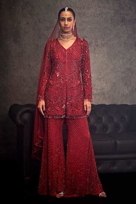 Buy_Studio22 By Pulkita Arora Bajaj_Red Georgette Sequins, Beads, Divinity Mughal Jaal Embellished Kurta Sharara Set _Online_at_Aza_Fashions