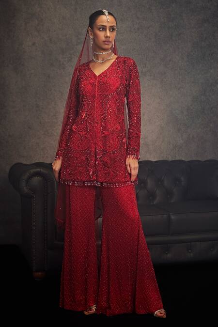 Shop_Studio22 By Pulkita Arora Bajaj_Red Georgette Sequins, Beads, Divinity Mughal Jaal Embellished Kurta Sharara Set _Online_at_Aza_Fashions
