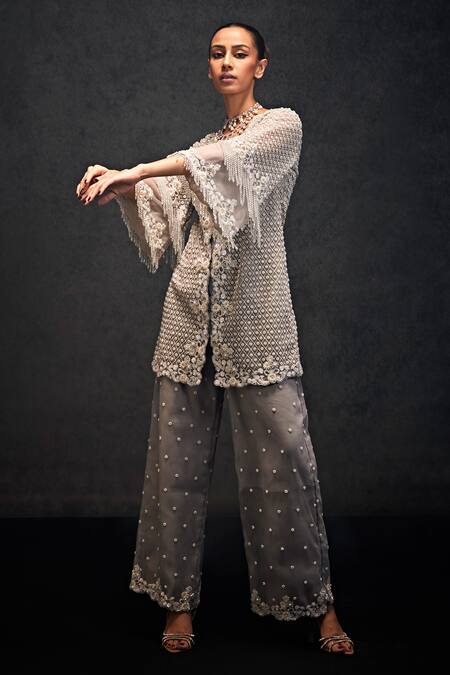Buy_Studio22 By Pulkita Arora Bajaj_Silver Net Sequins, Pearls, Euphoria Moti Gardenia Embellished Kurta With Pant _Online_at_Aza_Fashions