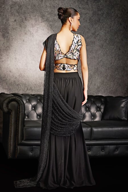 Studio22 By Pulkita Arora Bajaj Midnight Glory Sequin Foliage Embellished Blouse With Lehenga Saree 