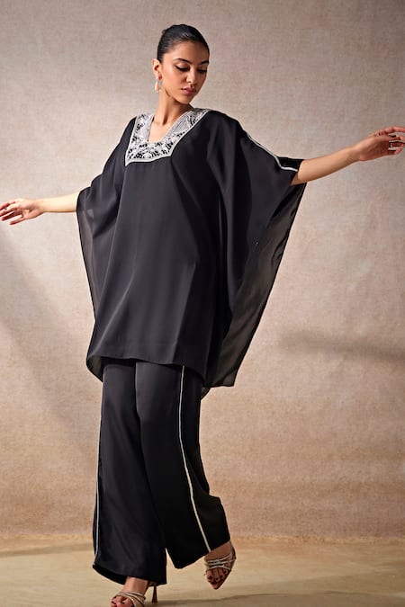 Studio22 By Pulkita Arora Bajaj Black Satin, New Moon Glass Beaded Neckline Embellished Kaftan With Pant Online at Aza Fashions Studio22 By Pulkita Arora Bajaj_Black Satin, New Moon Glass Beaded Neckline Embellished Kaftan With Pant _Online_at_Aza_Fashions