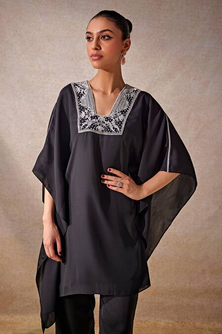 Buy Studio22 By Pulkita Arora Bajaj Black Satin, New Moon Glass Beaded Neckline Embellished Kaftan With Pant Online at Aza Fashions Buy_Studio22 By Pulkita Arora Bajaj_Black Satin, New Moon Glass Beaded Neckline Embellished Kaftan With Pant _Online_at_Aza_Fashions
