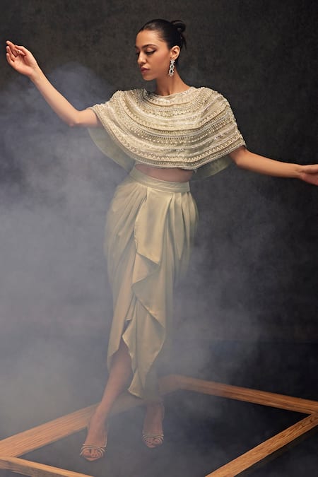 Studio22 By Pulkita Arora Bajaj Green Satin, Georgette Pearls, Orion Mystic Embellished Cape Draped Skirt Set Online at Aza Fashions Studio22 By Pulkita Arora Bajaj_Green Satin, Georgette Pearls, Orion Mystic Embellished Cape Draped Skirt Set _Online_at_Aza_Fashions