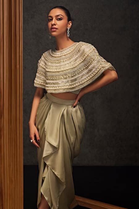 Buy Studio22 By Pulkita Arora Bajaj Green Satin, Georgette Pearls, Orion Mystic Embellished Cape Draped Skirt Set Online at Aza Fashions Buy_Studio22 By Pulkita Arora Bajaj_Green Satin, Georgette Pearls, Orion Mystic Embellished Cape Draped Skirt Set _Online_at_Aza_Fashions
