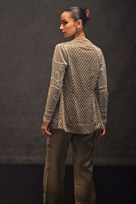 Studio22 By Pulkita Arora Bajaj Green Organza Embroidery, Shooting Star Mughal Jaal Embellished Jacket Pant Set Online at Aza Fashions Studio22 By Pulkita Arora Bajaj_Green Organza Embroidery, Shooting Star Mughal Jaal Embellished Jacket Pant Set _Online_at_Aza_Fashions