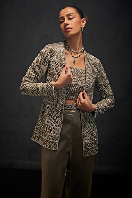 Buy Studio22 By Pulkita Arora Bajaj Green Organza Embroidery, Shooting Star Mughal Jaal Embellished Jacket Pant Set Online at Aza Fashions Buy_Studio22 By Pulkita Arora Bajaj_Green Organza Embroidery, Shooting Star Mughal Jaal Embellished Jacket Pant Set _Online_at_Aza_Fashions