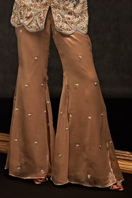 Studio22 By Pulkita Arora Bajaj_Beige Organza Pearls, Stellar Embellished Bloom Short Kurta With Sharara _Online_at_Aza_Fashions