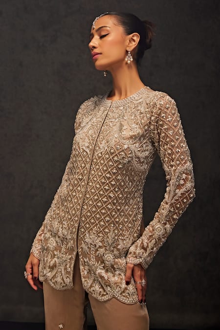 Shop_Studio22 By Pulkita Arora Bajaj_Beige Organza Pearls, Stellar Embellished Bloom Short Kurta With Sharara _Online_at_Aza_Fashions