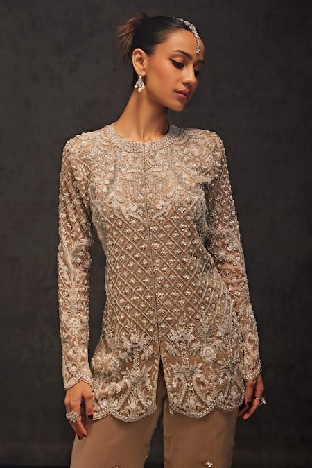 Studio22 By Pulkita Arora Bajaj_Beige Organza Pearls, Stellar Embellished Bloom Short Kurta With Sharara _at_Aza_Fashions