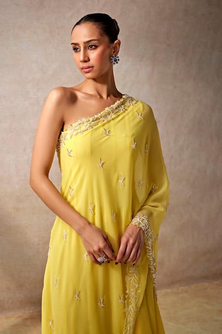 Buy_Studio22 By Pulkita Arora Bajaj_Yellow Georgette Embroidery One Shoulder Sunkissed Vine Garden Jumpsuit _Online_at_Aza_Fashions