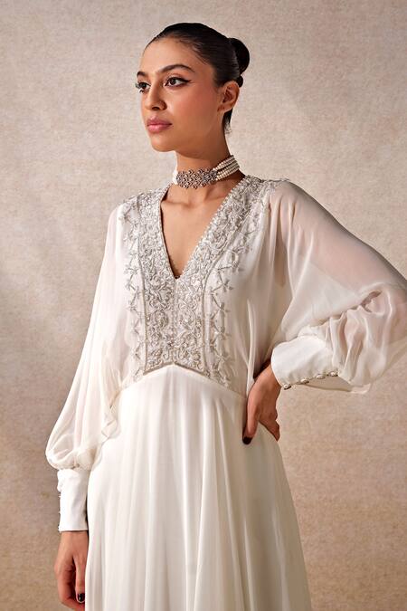 Studio22 By Pulkita Arora Bajaj_White Georgette Beads, Embroidery V-neck Symphony Glass Embellished Yoke Gown _Online_at_Aza_Fashions