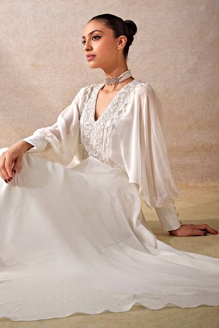 Buy_Studio22 By Pulkita Arora Bajaj_White Georgette Beads, Embroidery V-neck Symphony Glass Embellished Yoke Gown _Online_at_Aza_Fashions