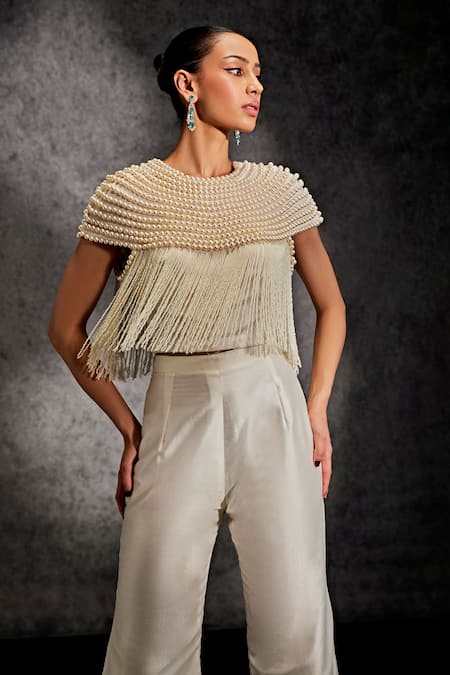 Buy_Studio22 By Pulkita Arora Bajaj_Ivory Organza, Silk Pearls Utopia Misty Embellished Top With Bell Bottom Pant _Online_at_Aza_Fashions
