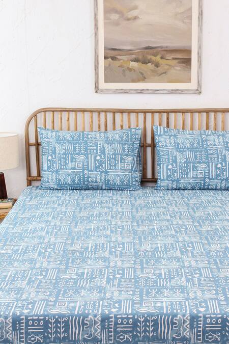 Shop House This Blue 100% Cotton Printed Gamathi Double Bed Set at Aza Fashions Shop_House This_Blue 100% Cotton Printed Gamathi Double Bed Set_at_Aza_Fashions
